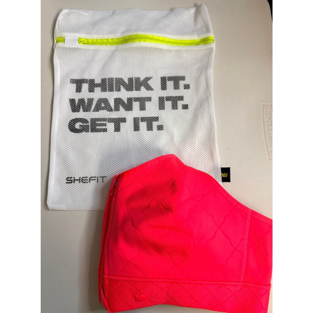 SHEFIT Bright Coral Sports Bra 2Luxe Zip Front Adjustable Straps Cross NWOTBack - Picture 9 of 9